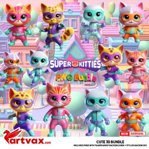 Cute 3D Super Kitties PNG Bundle, Hero Cats Clipart, Adorable Superhero Cat, Cute Cat Clipart, Digital Download PNGs
