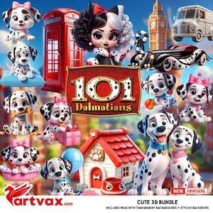 101 Dalmatians PNG | Cute Dalmatian Puppies Clipart | 3D Digital Dog Bundle for Kids Crafts