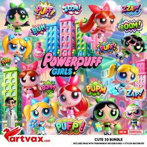 Powerpuff Girls PNG Bundle | Cute 3D Cartoon Clipart for Kids | Digital Download Sublimation Files | Blossom Bubbles Buttercup