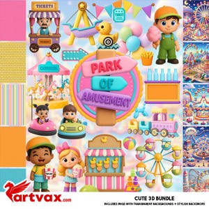 Vergnügungspark 3D Clipart Bundle | Niedliche Fahrgeschäfte, Kinder, Essensstände & Digitale Papiere | Fun Fair PNGs mit transparentem Hintergrund
