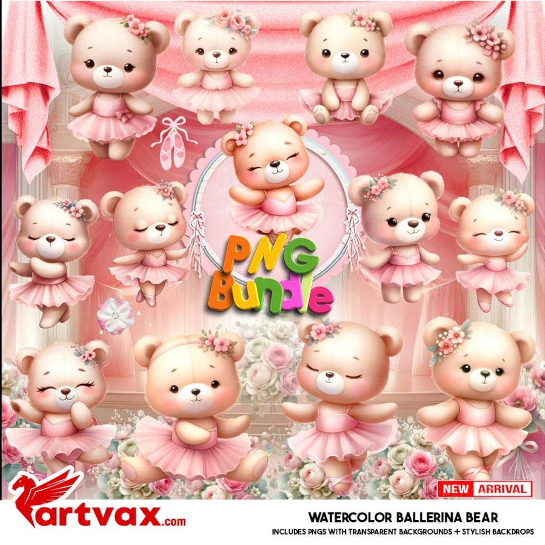 Watercolor Ballerina Bear PNG Bundle | Cute Ballet Teddy Clipart for ...
