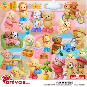 Cute 3D Animal Characters PNG Bundle | Kawaii Dogs & Bears Clipart | Pastel Nursery Clip Art | Baby Shower Decor, cute 3d bundle