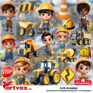 Bauarbeiter PNG Bundle - Niedliche 3D Bauarbeiter, Baufahrzeuge, Werkzeuge, Verkehrsschilder Clipart für Sublimation & Kinderprojekte