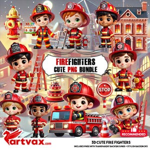 Pakiet 3D Cute Firefighters PNG | Clipart z wozami strażackimi, hydrantami i ekipą ratowniczą | Pobieranie cyfrowe