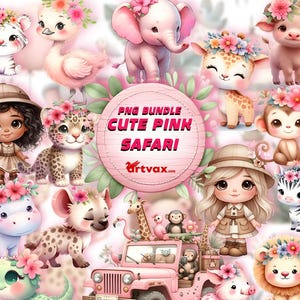 かわいいピンクのサファリ PNG バンドル | 愛らしいジャングルの動物のクリップアート | サファリガールと動物セット