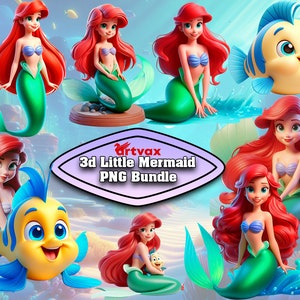 3D Little Mermaid PNG bundle, Ariel Clipart, png Princess clipart, Princess Bundle, Digital Download, 3D digital papers