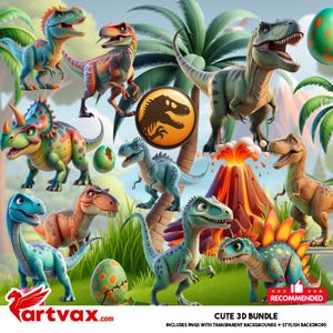 Dinosaur PNG Clipart Bundle | 3D Cartoon Dinosaurs with Eggs & Volcano | Jurassic Party Digital Download, Sublimation