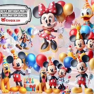 fiesta de cumpleaños Mickey y Minnie png paquete, cumpleaños 3d Mickey png para sublimación, amigos Minnie Daisy Donald cumpleaños imprimible
