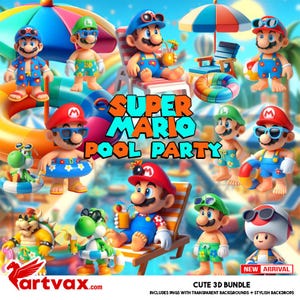 Super Pool Party Mario PNG-Bundle | Sommer Mario Clipart | Niedlicher digitaler 3D-Download für Kinderhandwerk, Sublimation, Partydekor