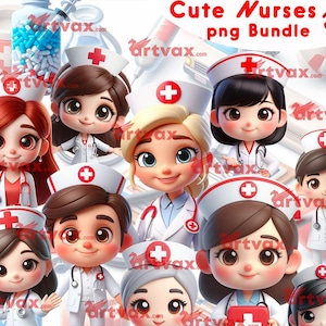 Cute Nurse PNG Clipart Bundle – Kawaii Medical Characters for Sublimation, Stickers, & Crafts