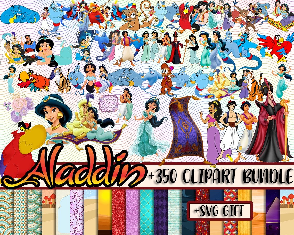 Aladdin PNG SVG bundle, jasmine PNG, Birthdays invitation png cartoon, Aladdin Clipart, Princess png, Cake Topper, Birthday Gifts ideas
