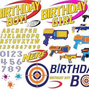 Pacchetto SVG Toy Blaster, pacchetto SVG di compleanno Target Guns, SVG del ragazzo del compleanno, SVG della ragazza del compleanno, file png,