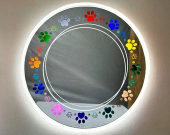 wall mirror, decorative mirror, special design mirror, led mirror, paw patterned, colored mirror, handmade, stained glass technique