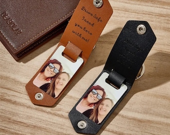 Custom Leather Picture Keychain | Drive Safe Boyfriend Keychain | Couple Photo Keychain | Handmade Leather Key Fob | Photo Gift For Dad