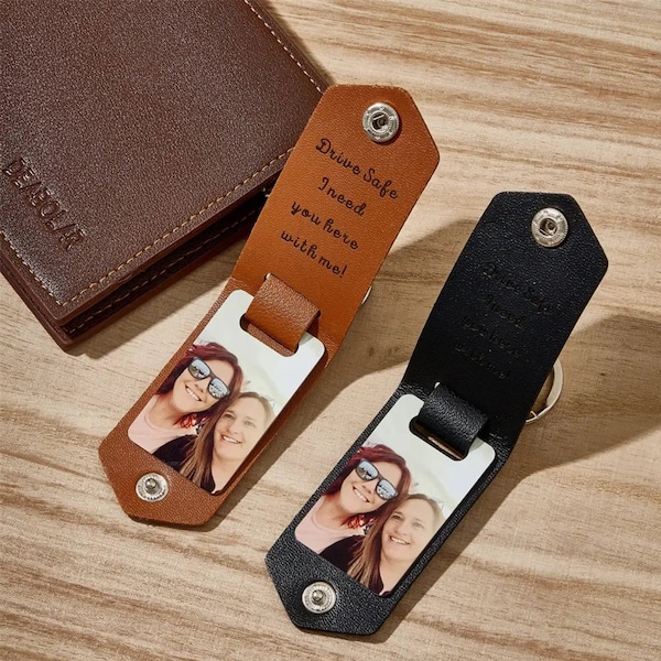 Custom Leather Picture Keychain | Drive Safe Boyfriend Keychain | Couple Photo Keychain | Handmade Leather Key Fob | Photo Gift For Dad