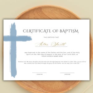 Plantilla de certificado de bautismo editable con cruz azul, certificado de bautismo imprimible, plantilla de Canva, certificado de dedicación personalizado