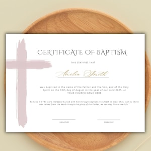 Plantilla de certificado de bautismo editable con cruz rosa, certificado de bautismo imprimible, plantilla de Canva, certificado de dedicación personalizado