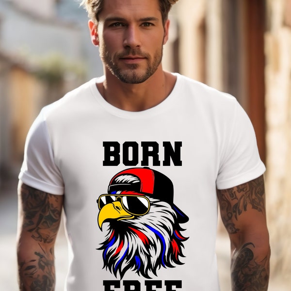 Embrace freedom with our 'Born Free' tee featuring a stylish eagle donning a trucker hat and aviator glasses.  Freedom fashion. Bella Canvas