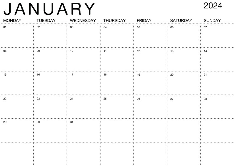 Printable Calendar 2024 Monthly Planner 2024 A4 Landscape Monday Start
