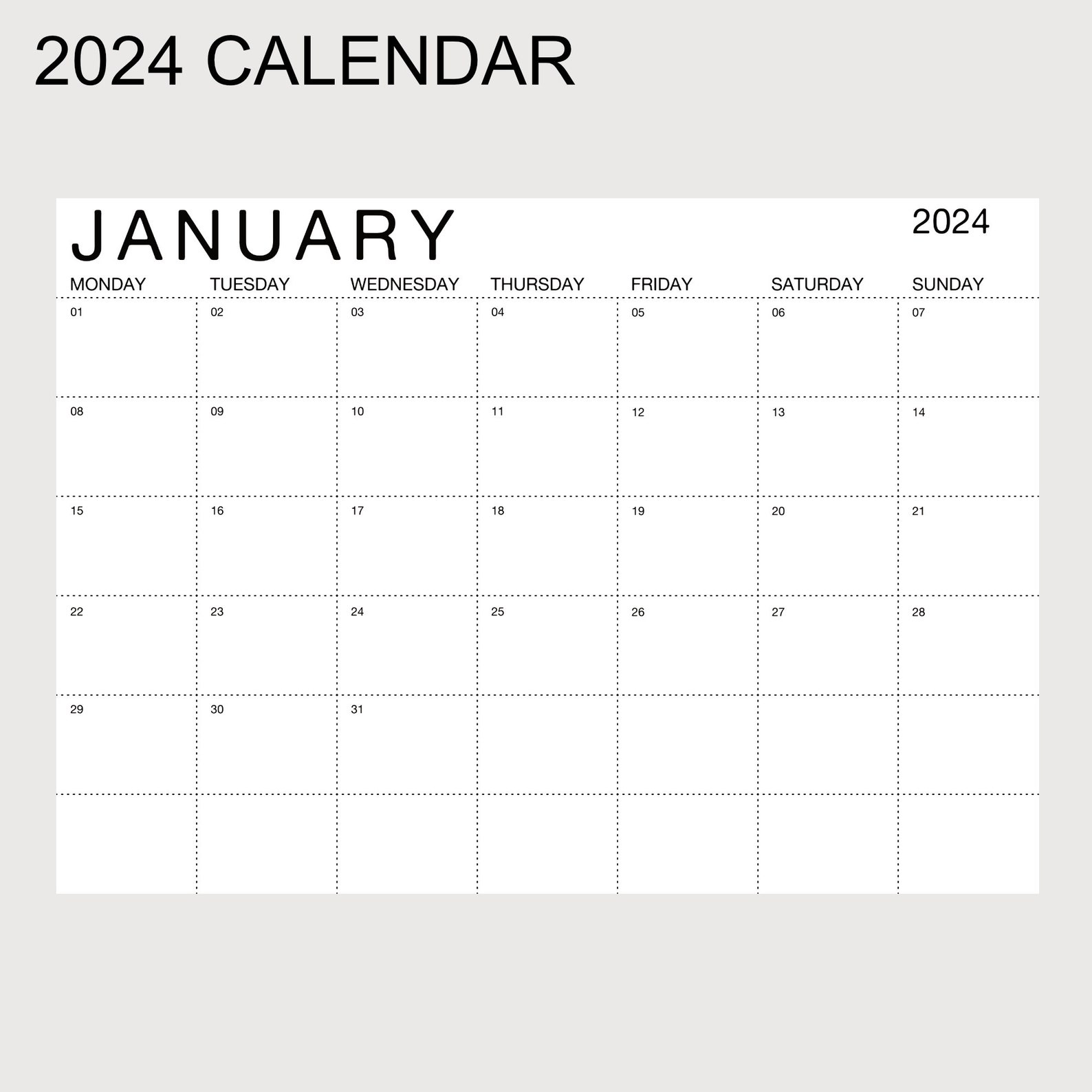 Printable Calendar 2024 Monthly Planner 2024 A4 Landscape Monday Start