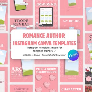 Pode incluir: Uma coleção de modelos de Instagram Canva em rosa para autores de romances, apresentando vários layouts, mockups de capas de livros com ilustrações de céu azul e colinas verdes, gráficos de doces em forma de coração e o texto ROMANCE AUTHOR INSTAGRAM CANVA TEMPLATES.