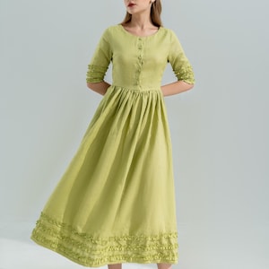 Linen Dress, Cottagecore Linen Dress, Fall Dress with V-neck, Half Sleeves Linen Dress, Avocado Green Linen Dress