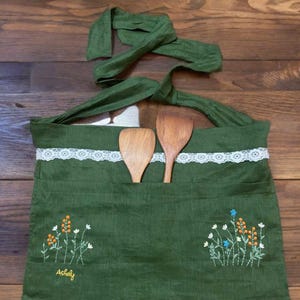 Pure Linen Apron, Personalized Hand Embroidered Apron for Women, Apron with cotton lace,  Gardening Apron, Kitchen Apron, Gift for her