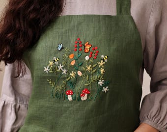 Hand Embroidered Mushroom Apron, Personalized Hand Embroidered, Butterfly Embroidered Apron, Gift for her, Natural Embroidery Linen Apron