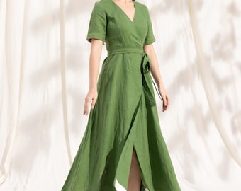 Linen Wrap Dress | Elegant Minimalist Dress | Simple V-neck Prom Dress | Casual Elopement Dress | Garden Party Celebration Dress