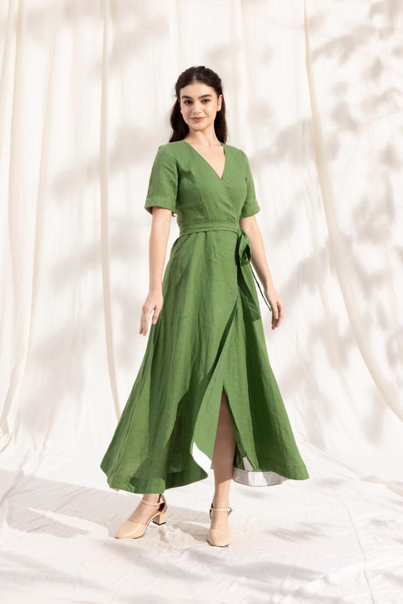 casual minimalist dress Linen Wrap Dress | Elegant Minimalist Dress | Simple V-neck Prom Dress | Casual Elopement Dress