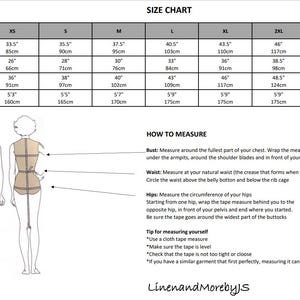 May include: Size chart for clothing with measurements in inches and centimeters. Bust, waist, hips, and height measurements are listed for sizes XS, S, M, L, XL, 2XL, and 3XL. A diagram shows how to measure bust, waist, and hips.