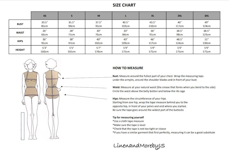 May include: Size chart for clothing with measurements in inches and centimeters. Bust, waist, hips, and height measurements are listed for sizes XS, S, M, L, XL, 2XL, and 3XL. A diagram shows how to measure bust, waist, and hips.