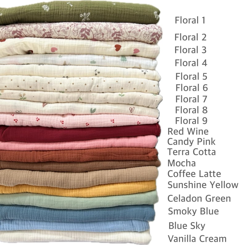 May include: A stack of 16 different fabric swatches in various colors and patterns, including floral prints, solid colors, and textures. The swatches are labeled with names like "Floral 1", "Red Wine", "Candy Pink", and "Vanilla Cream".