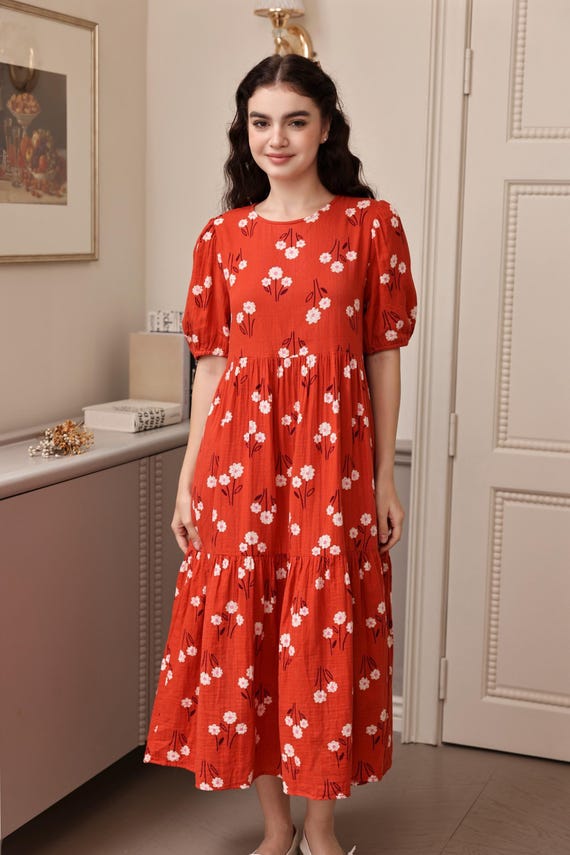 High Waisted Floral Double Gauze Dress, Summer Dress, Soft Fabric