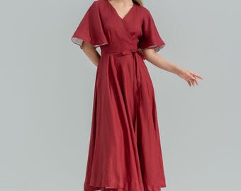 Linen Midi Wrap Dress | KATY Elegant Minimalist Dress | Simple V-neck Prom Dress | Casual Elopement Dress | Garden Party Celebration Dress