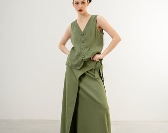 Set Linen Vest and Long Skirt for Woman, Linen Waistcoat, Linen Short Vest Top for Women, Linen Formal Vest Blouse