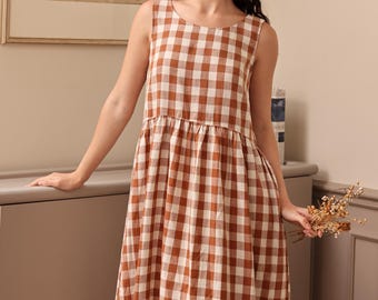 Summer Plaid Dress Natural Cotton Organic Sleeveless Dress Midi Dresses Soft Homewear Sleepwear Customized Dress Plus Size Clothing
