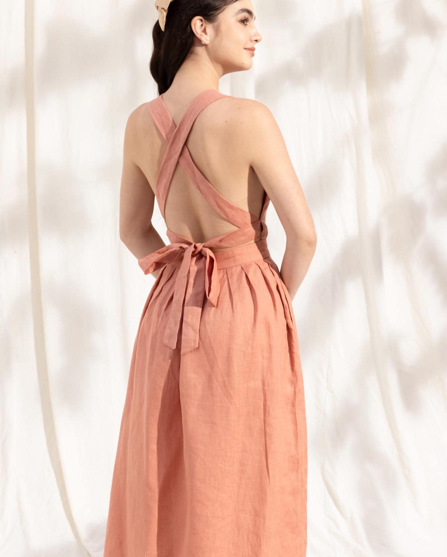 Pinafore Dress, Heart Neckline Dress, Midi Dress With Pockets, Linen Dress, Linen Clothing, Beach Dress, Backless Linen Dress, Women Dress