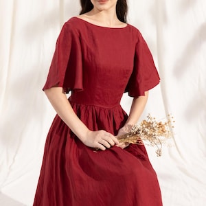 Cottagecore Linen Dress, Fall Dress, Wedding Dress, Evening dress, Retro Dress, Bridesmaid Dress, Red Dress, Elegant V-Back Linen Dress