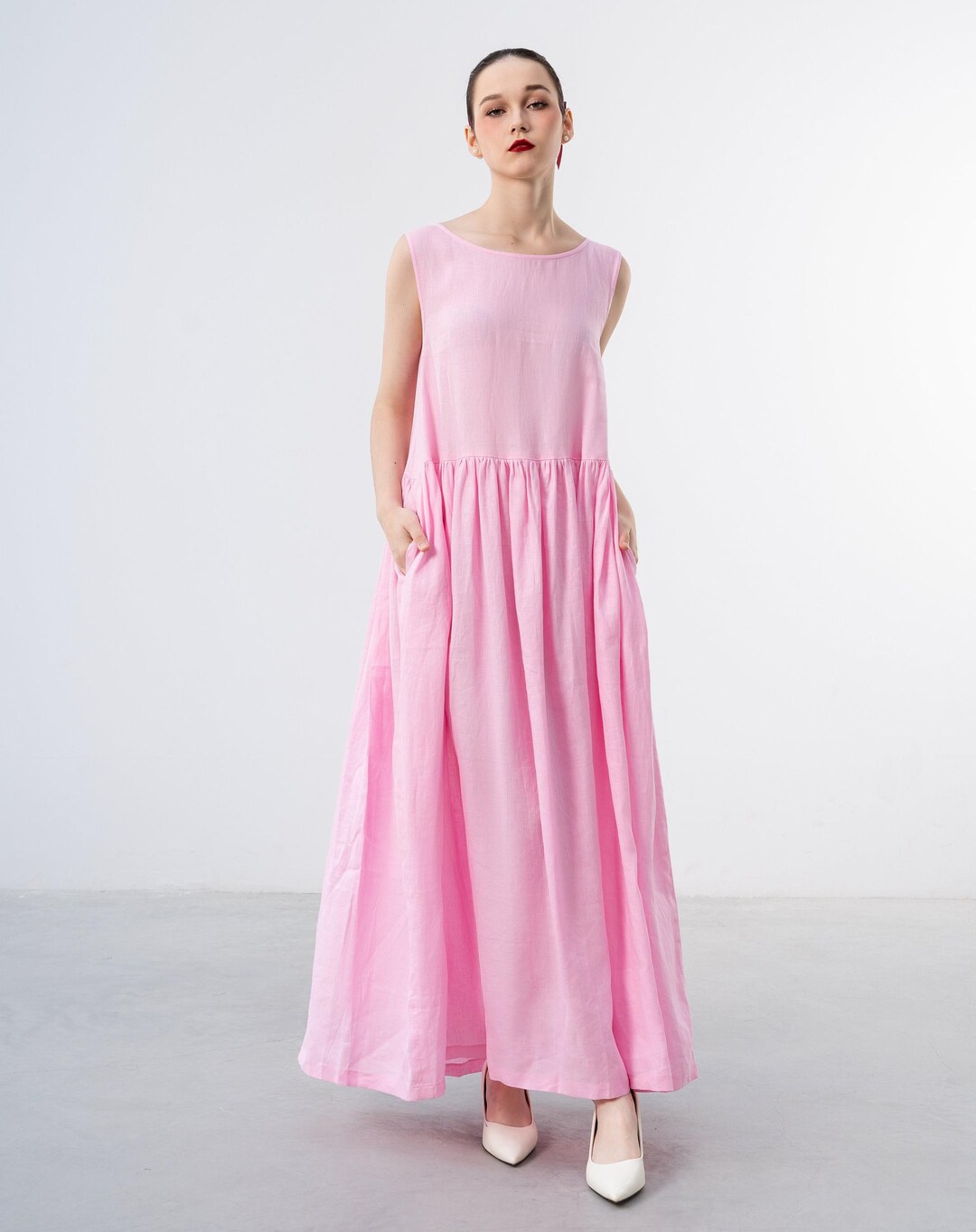 Pink Linen Simple Linen Maxi Dress, Pink Linen Dress, Simple Linen Dress, Plus Size ...
