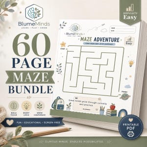 May include: A 60-page maze bundle with the BlumeMinds logo. The cover features a maze with the text "MAZE ADVENTURE" and "Easy" difficulty. Includes icons for building focus, boosting logic, and growing confidence. The bundle is fun, educational, and screen-free.