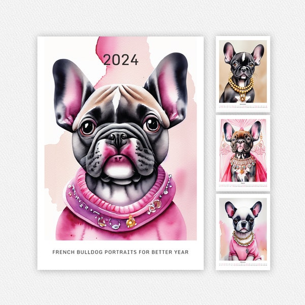 French Bulldog 2024 Monthly Wall Calendar printable. A4 size 300 DPI PDF. Watercolor, Digital Download