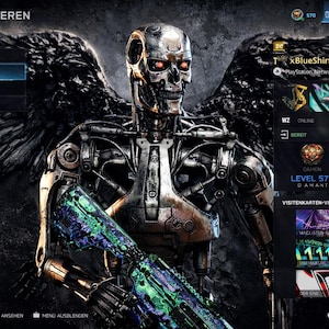Könnte beinhalten: Digitales Kunstbild eines Cyborgs mit Flügeln, der eine futuristische Waffe hält. Der Cyborg hat einen metallischen Schädel und leuchtend rote Augen. Der Hintergrund ist dunkel mit Menüoptionen und Text auf Deutsch.