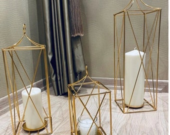 Gold Decorative Cage Candle Holder Gold Lantern Candlestick Metal Triple Set