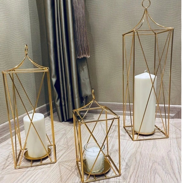 Gold Decorative Cage Candle Holder Gold Lantern Candlestick Metal Triple Set