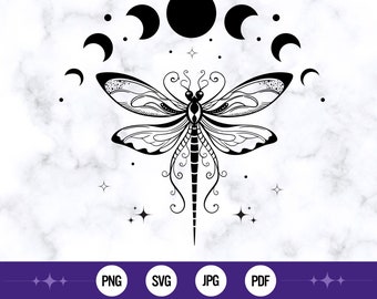 Dragonfly with Moon Phases SVG | Dragonfly svg | Celestial Dragonfly SVG | Mystical Cut Files | Cricut Files | Witchy Clipart | Witchy svg