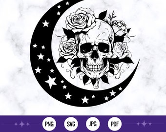 Floral Skull with Moon SVG, Skull svg, Skull & Flowers SVG | Mystical Skull Moon Cut Files | Cricut Files | Gothic Clipart | Witchy svg