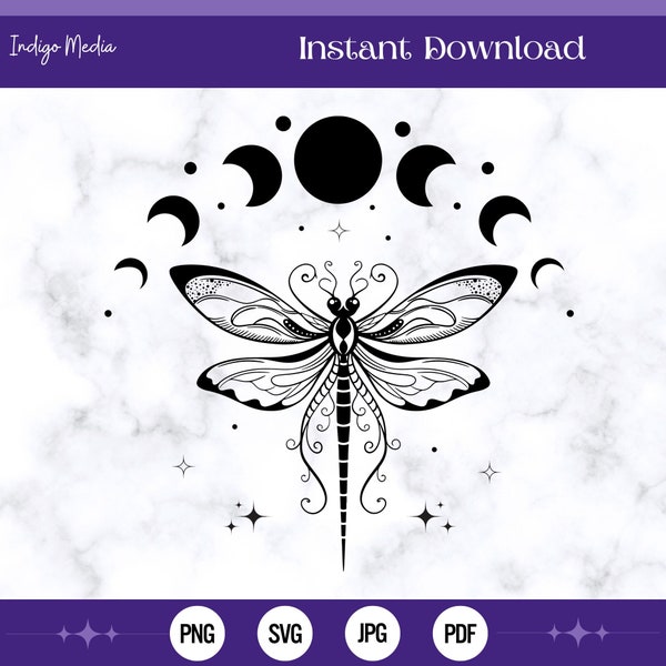 Dragonfly with Moon Phases SVG | Dragonfly svg | Celestial Dragonfly SVG | Mystical Cut Files | Cricut Files | Witchy Clipart | Witchy svg