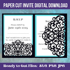 Faire-part de mariage élégant avec une pochette en trois volets, découpé au laser, Cricut, Studio de silhouette. Téléchargement numérique, fichier de découpe, fichier de découpe, png, svg, eps, pdf