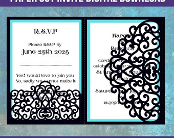 Elegant Tri-Fold Pocket Wedding Invite, Laser Cut, Cricut, Silhouette Studio. Digital Download, cut file, Cutting file, png, svg, eps, pdf